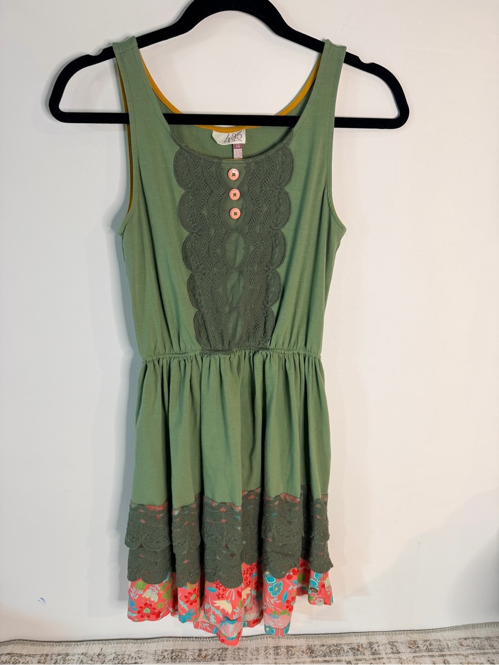 Matilda Jane green tank dress with lace and floral skirt